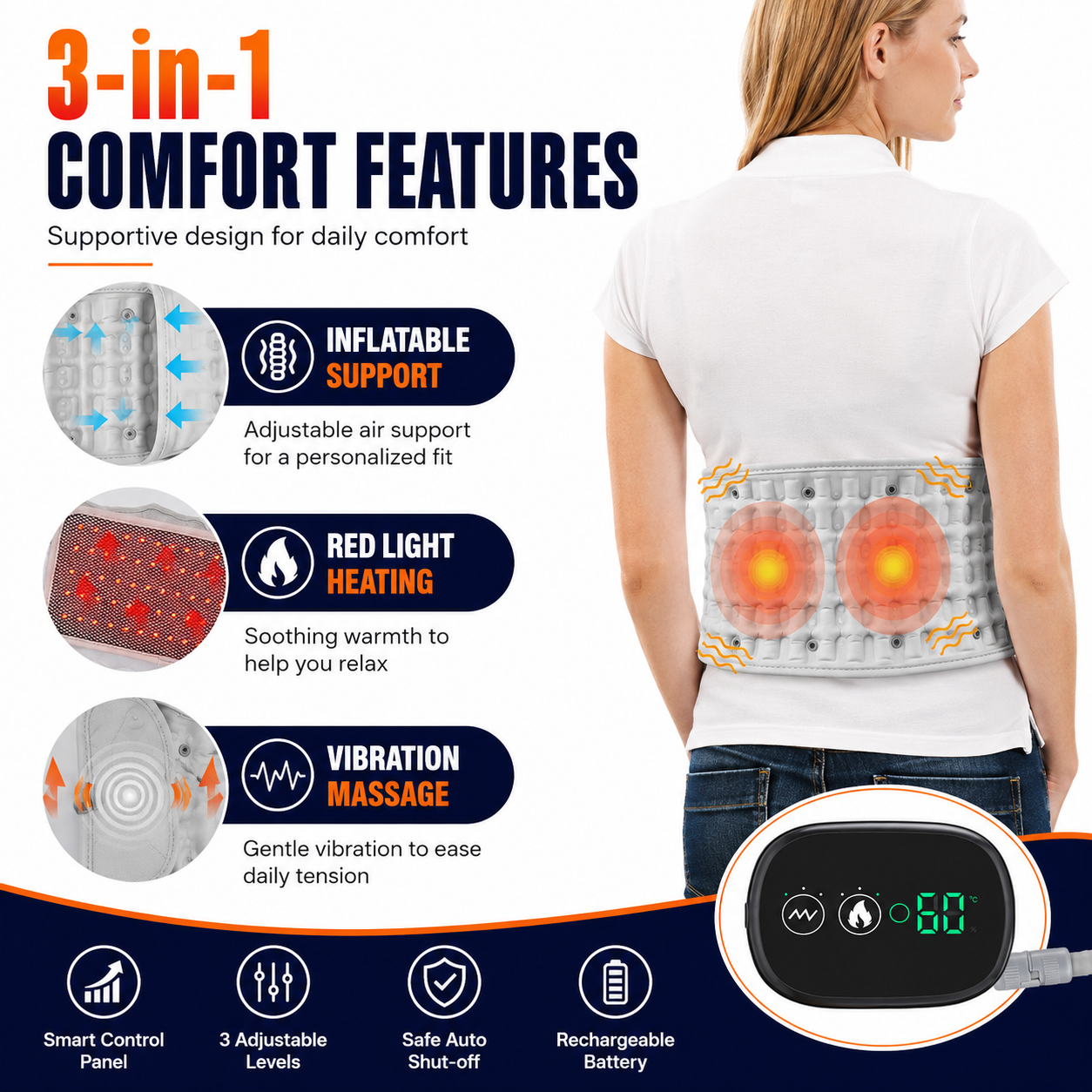 Heated Inflatable Waist Support Belt – 5000mAh Back Comfort Massager