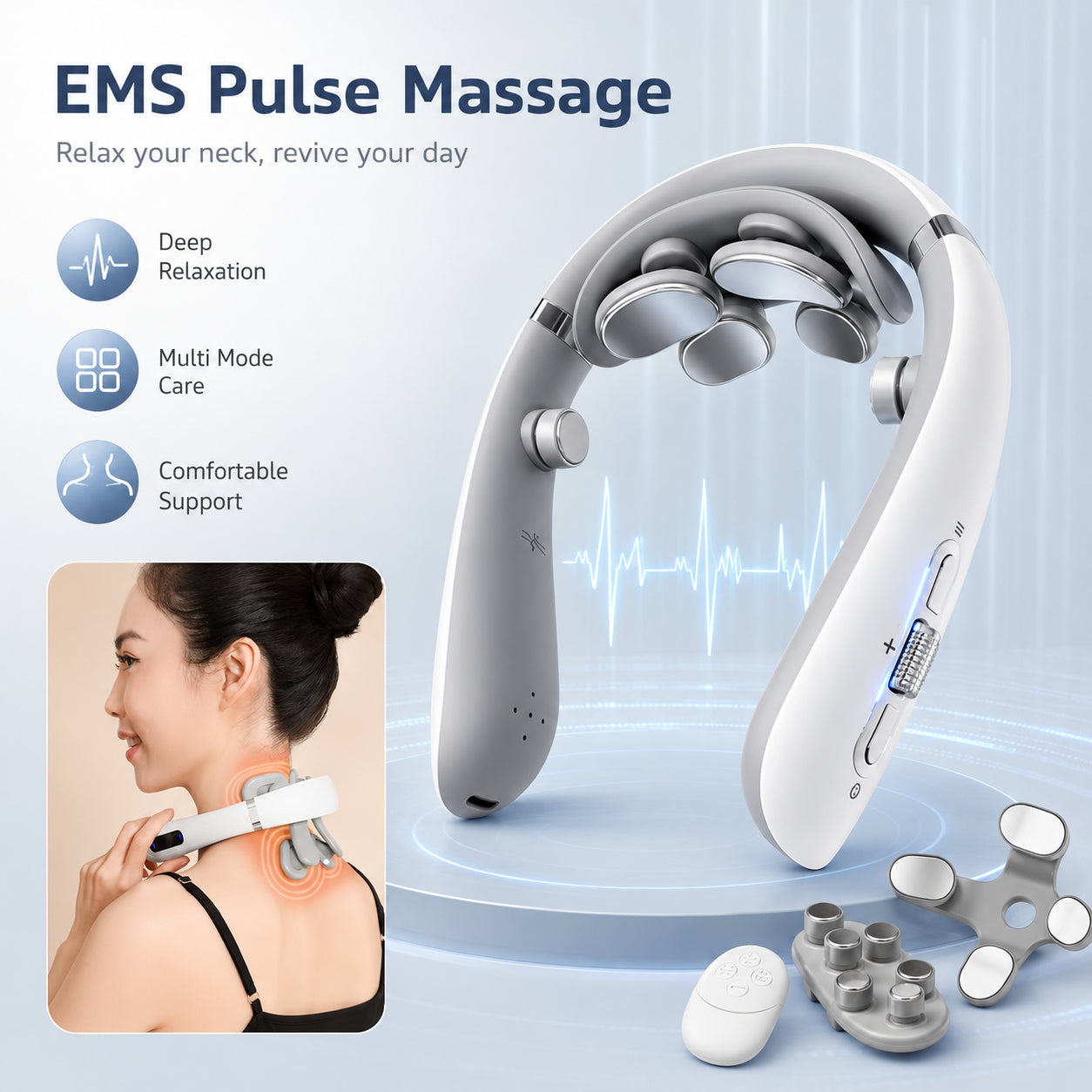 Rechargeable Neck Massager With Heat & EMS Pulse – Remote Control Neck Care Device