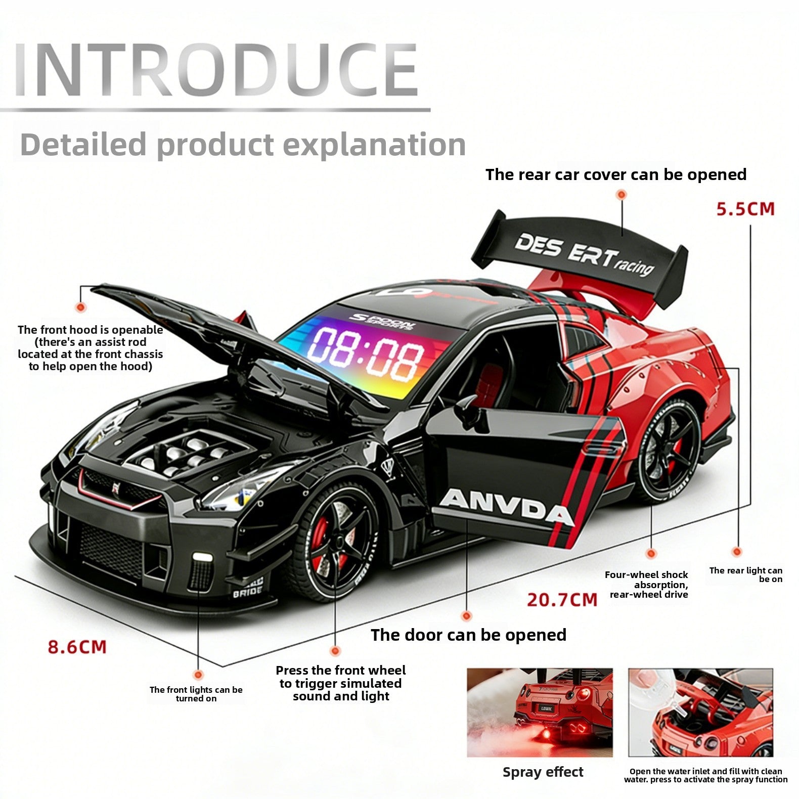 GTR Racing Car Alarm Clock – Metal Hypercar Desk Clock With Light & Mist Effect