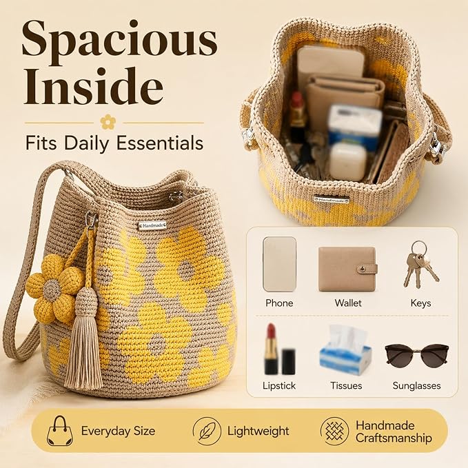 Handmade Crochet Flower Bag – Cute Knitted Shoulder Bag With Tassel Option
