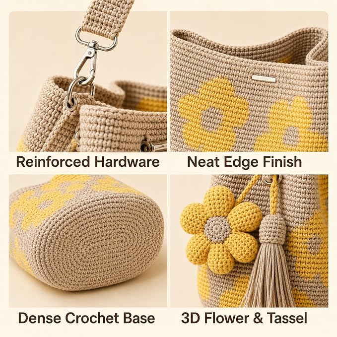 Handmade Crochet Flower Bag – Cute Knitted Shoulder Bag With Tassel Option