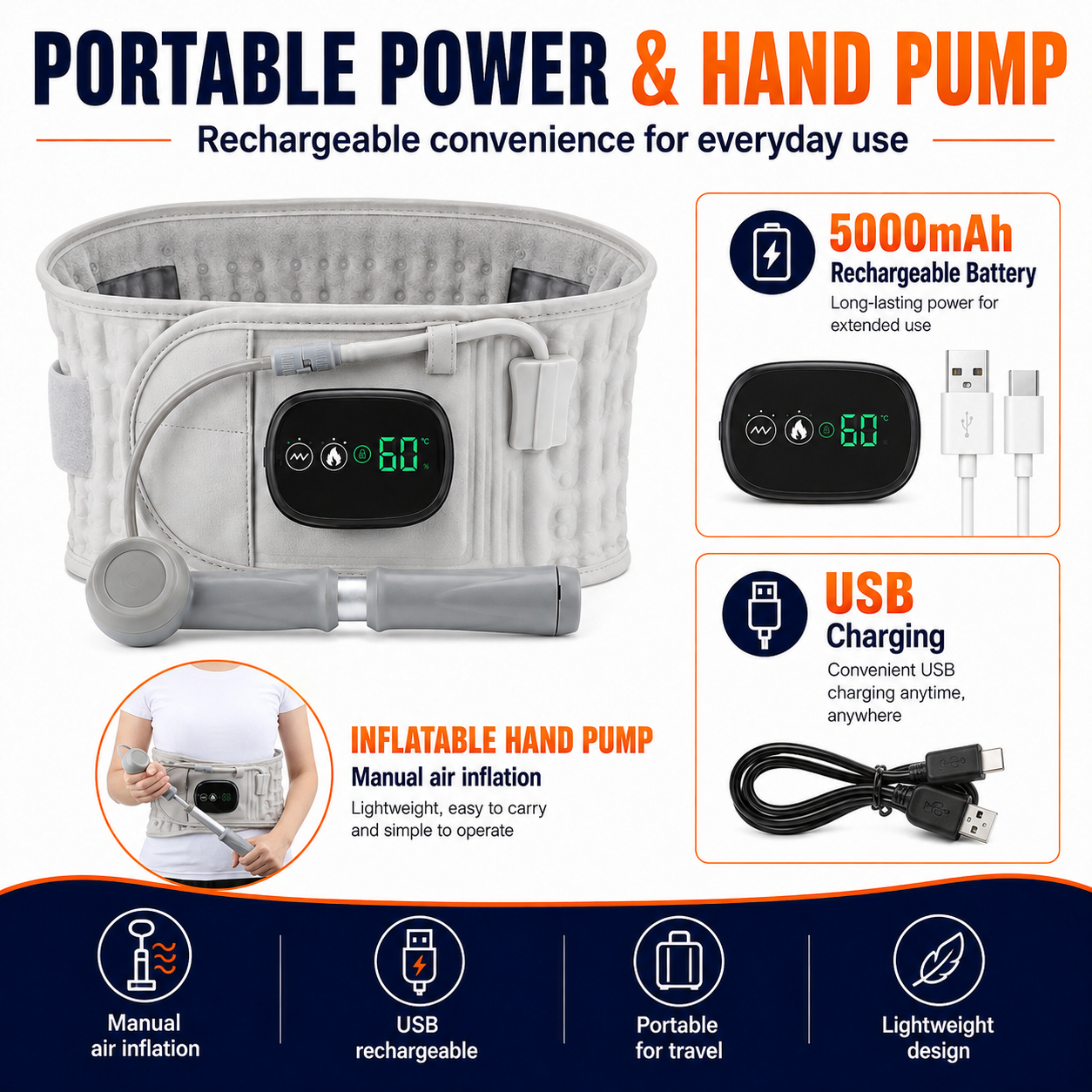 Heated Inflatable Waist Support Belt – 5000mAh Back Comfort Massager